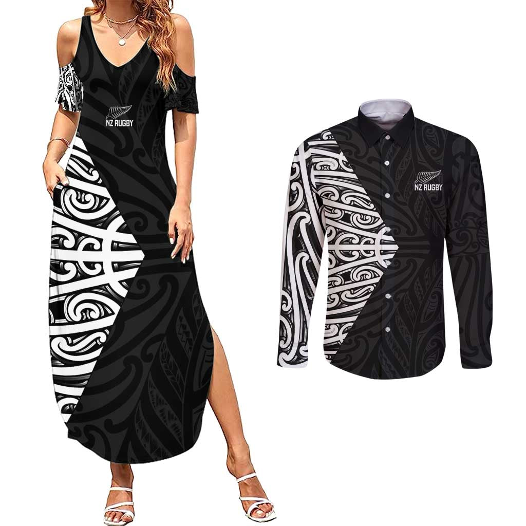 New Zealand Silver Fern Rugby Custom Couples Matching Summer Maxi Dress and Long Sleeve Button Shirt Maori Koru Go Black Fern - Polynesian Pride
