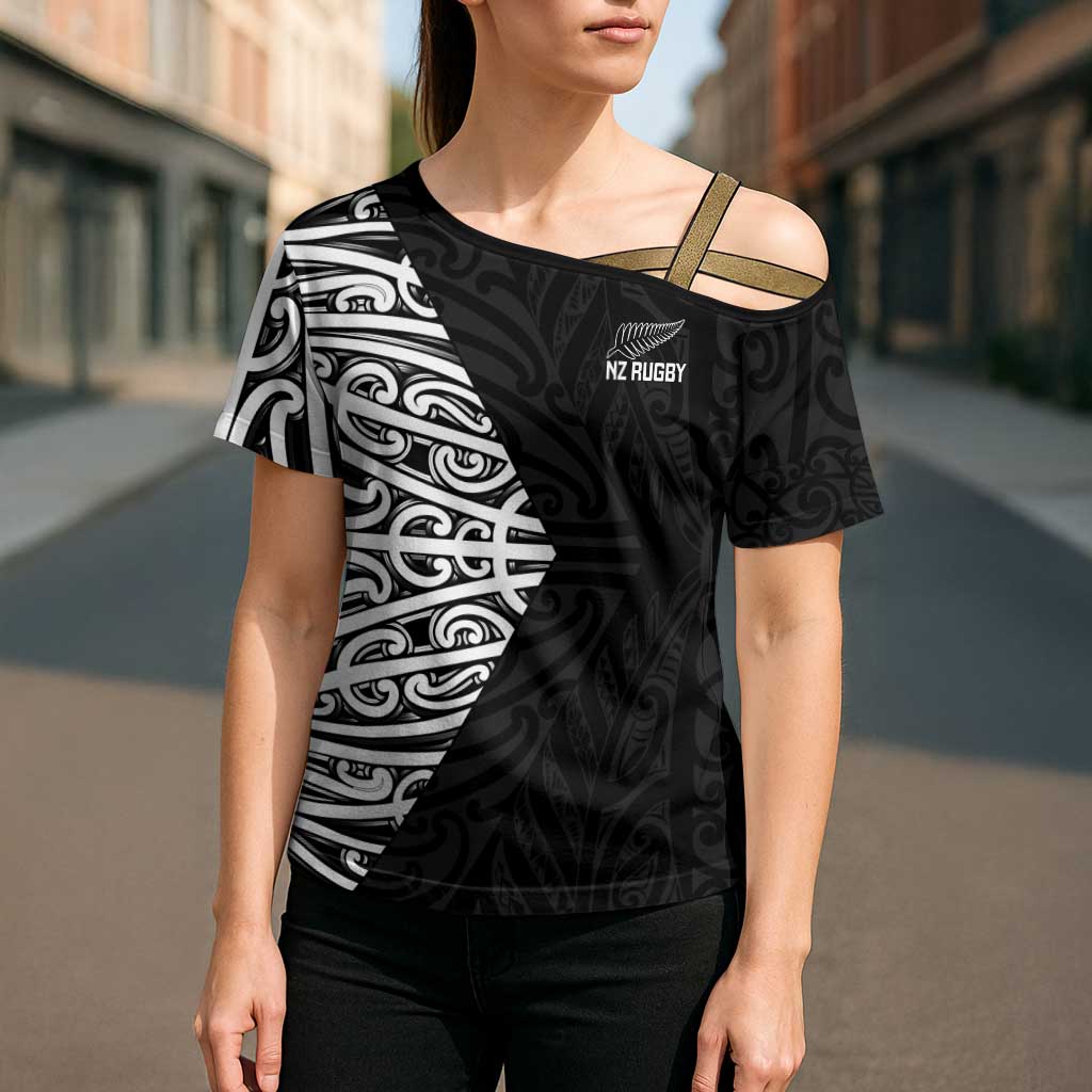 New Zealand Silver Fern Rugby Custom Cross Shoulder Shirt Maori Koru Go Black Fern - Polynesian Pride