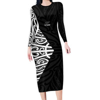 New Zealand Silver Fern Rugby Custom Family Matching Long Sleeve Bodycon Dress and Hawaiian Shirt Maori Koru Go Black Fern - Polynesian Pride