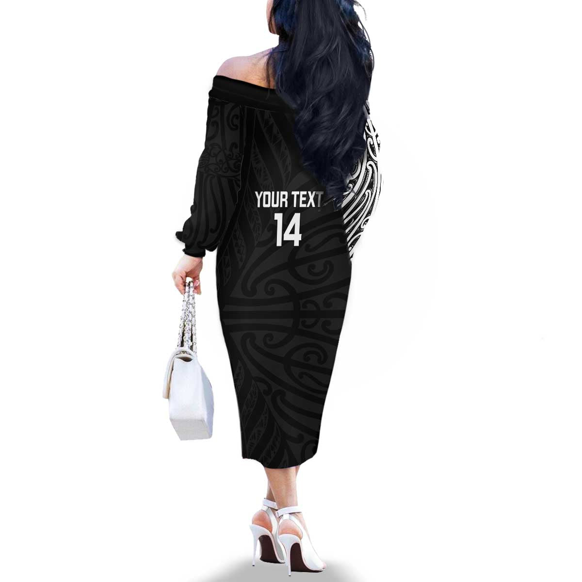 New Zealand Silver Fern Rugby Custom Family Matching Off The Shoulder Long Sleeve Dress and Hawaiian Shirt Maori Koru Go Black Fern - Polynesian Pride
