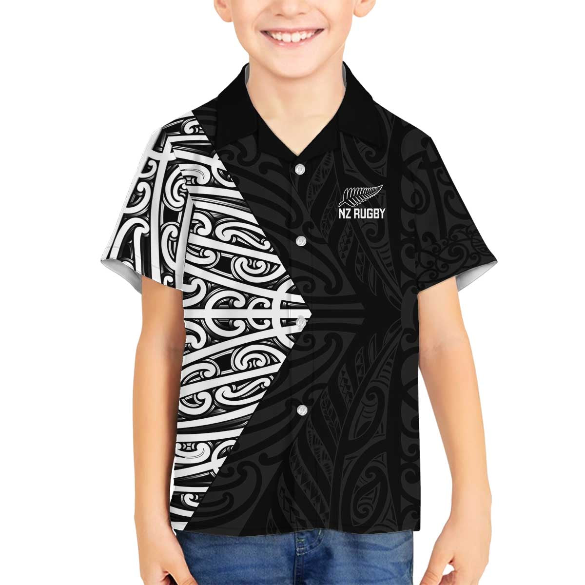 New Zealand Silver Fern Rugby Custom Family Matching Off The Shoulder Long Sleeve Dress and Hawaiian Shirt Maori Koru Go Black Fern - Polynesian Pride