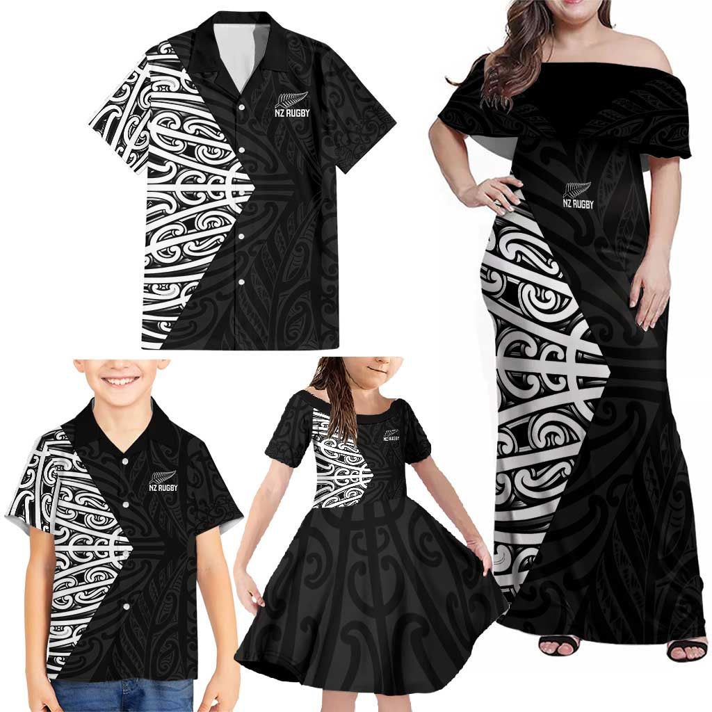 New Zealand Silver Fern Rugby Custom Family Matching Off Shoulder Maxi Dress and Hawaiian Shirt Maori Koru Go Black Fern - Polynesian Pride