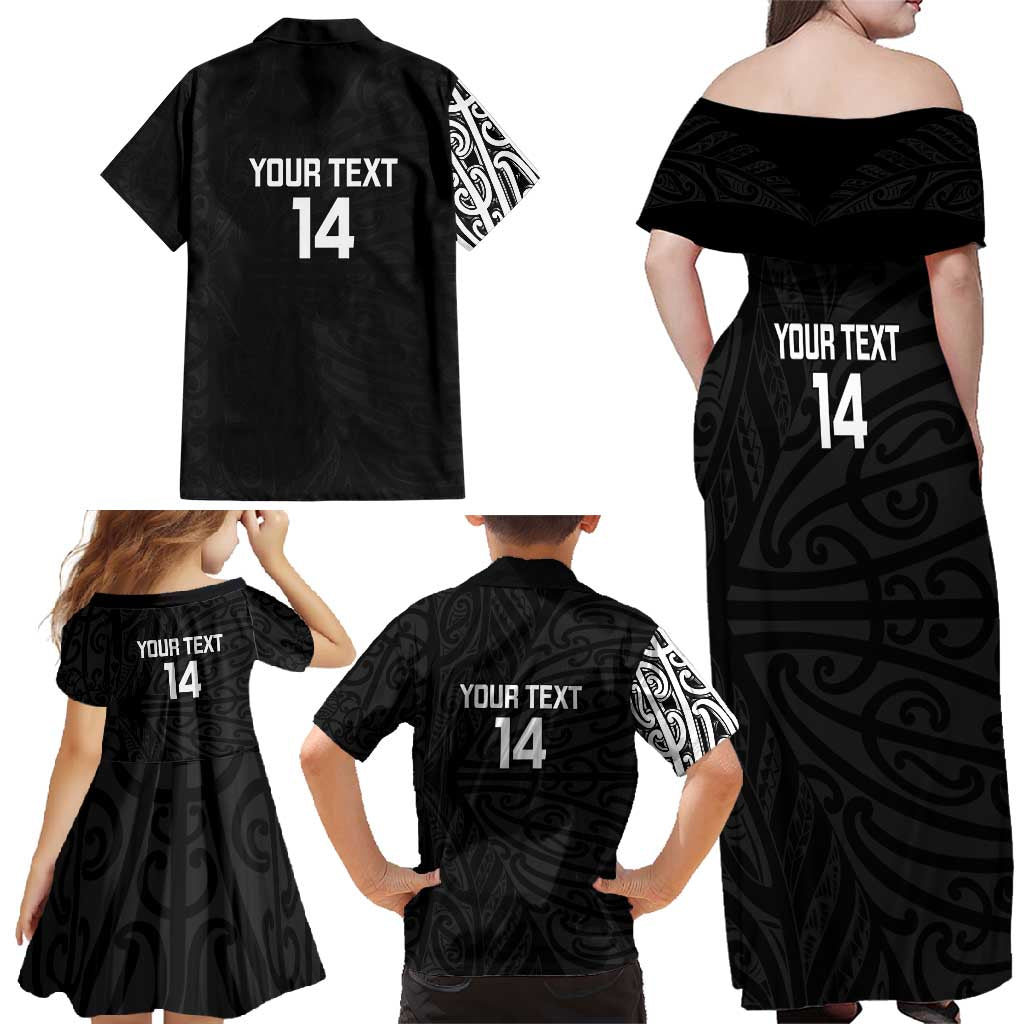 New Zealand Silver Fern Rugby Custom Family Matching Off Shoulder Maxi Dress and Hawaiian Shirt Maori Koru Go Black Fern - Polynesian Pride