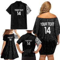 New Zealand Silver Fern Rugby Custom Family Matching Off Shoulder Short Dress and Hawaiian Shirt Maori Koru Go Black Fern - Polynesian Pride