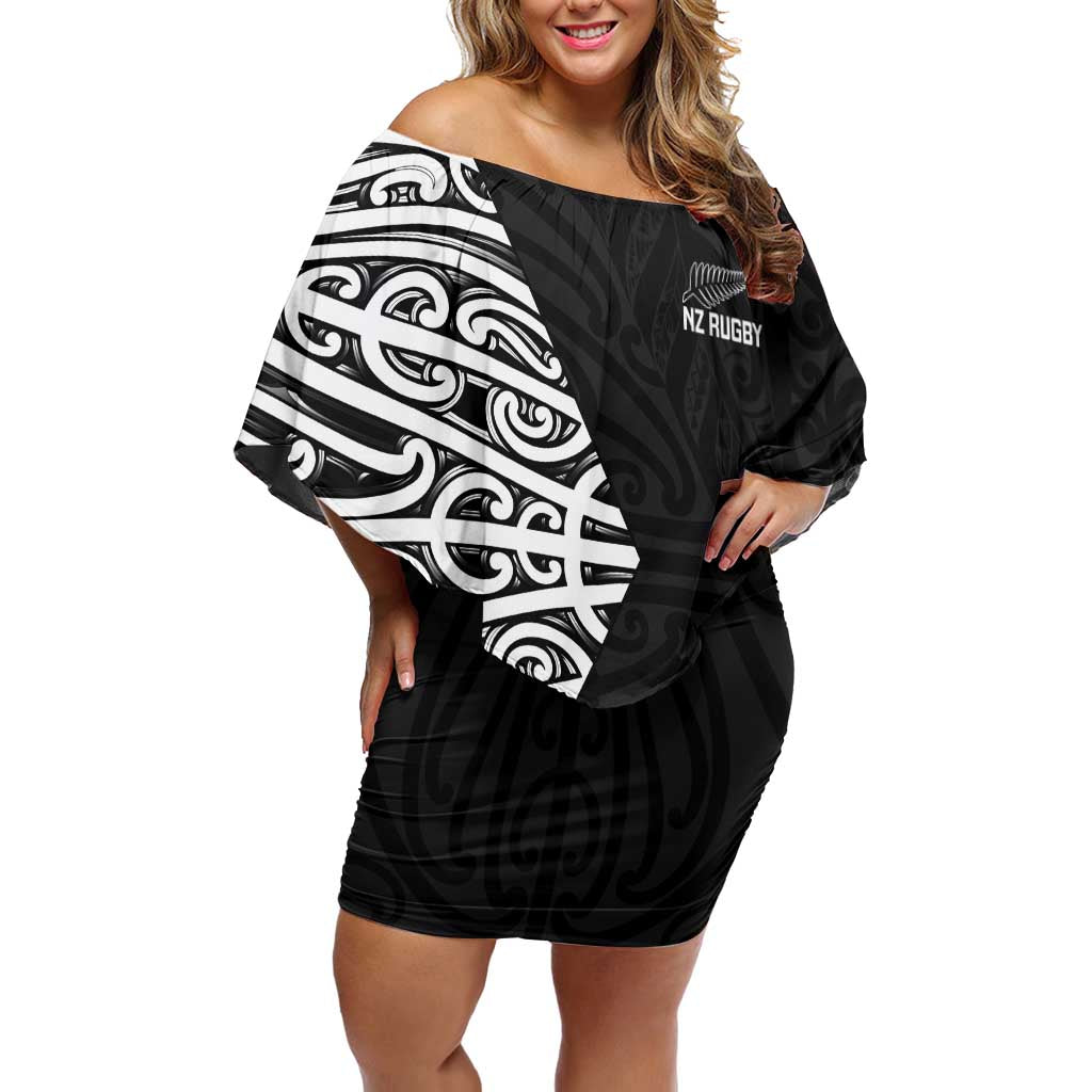 New Zealand Silver Fern Rugby Custom Family Matching Off Shoulder Short Dress and Hawaiian Shirt Maori Koru Go Black Fern - Polynesian Pride