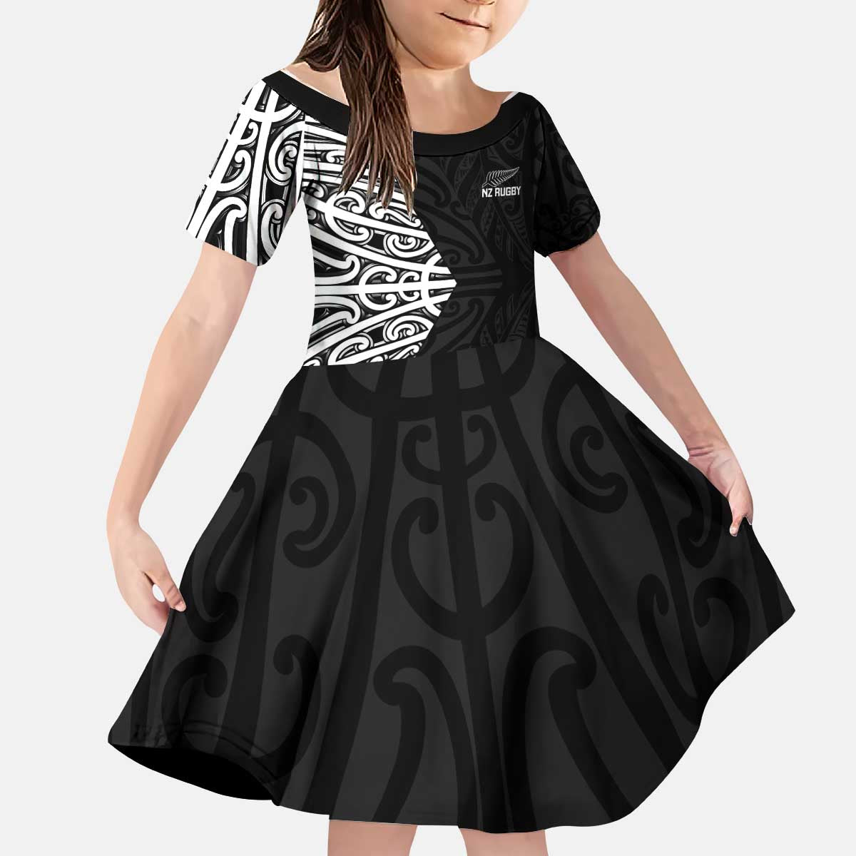 New Zealand Silver Fern Rugby Custom Kid Short Sleeve Dress Maori Koru Go Black Fern - Polynesian Pride