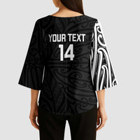 New Zealand Silver Fern Rugby Custom Kimono Sleeve Blouse Maori Koru Go Black Fern - Polynesian Pride