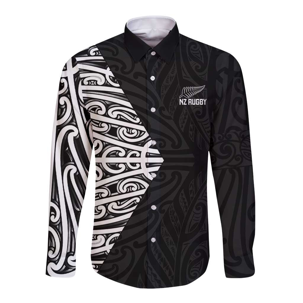 New Zealand Silver Fern Rugby Custom Long Sleeve Button Shirt Maori Koru Go Black Fern - Polynesian Pride