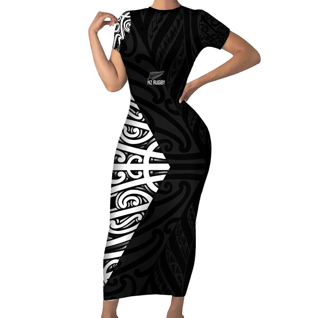 New Zealand Silver Fern Rugby Custom Short Sleeve Bodycon Dress Maori Koru Go Black Fern - Polynesian Pride