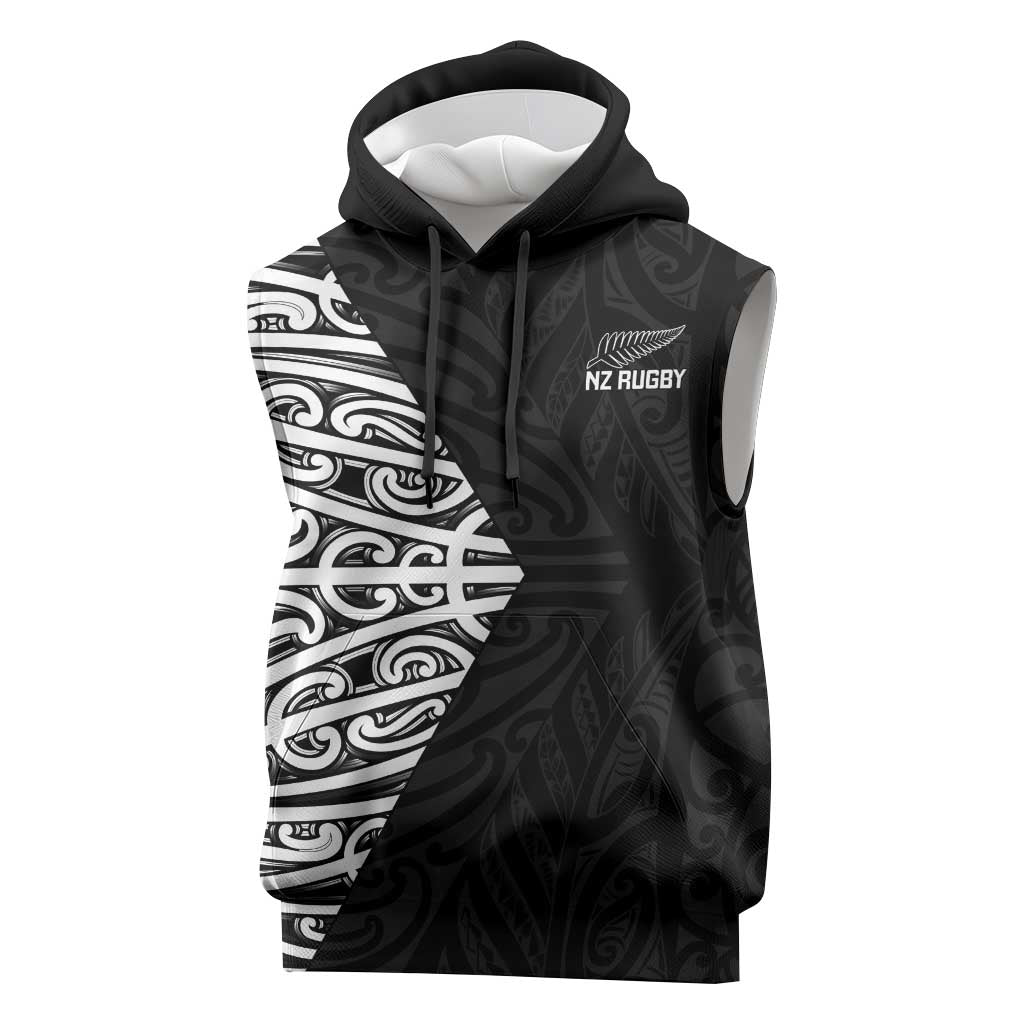 New Zealand Silver Fern Rugby Custom Sleeveless Hoodie Maori Koru Go Black Fern - Polynesian Pride