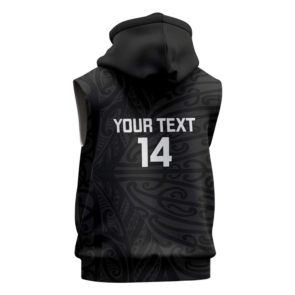 New Zealand Silver Fern Rugby Custom Sleeveless Zip Hoodie Maori Koru Go Black Fern - Polynesian Pride