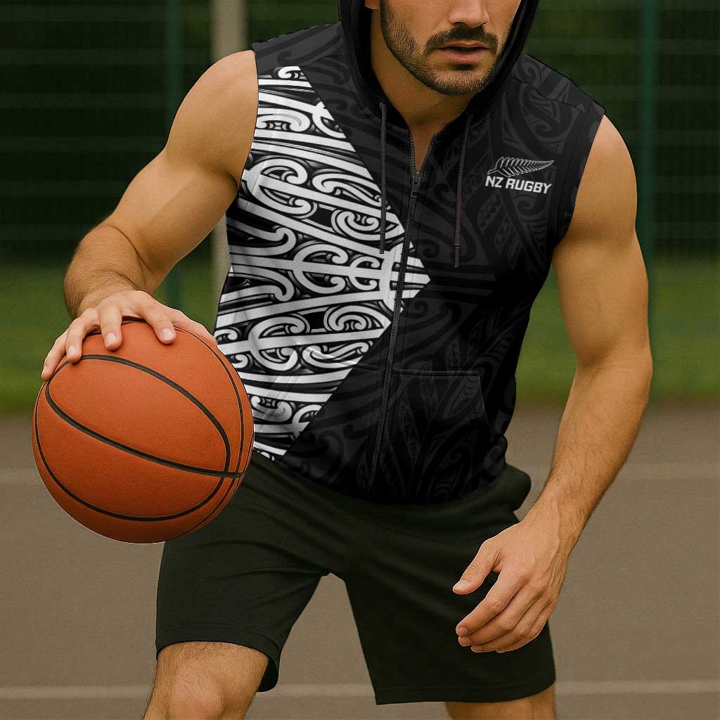 New Zealand Silver Fern Rugby Custom Sleeveless Zip Hoodie Maori Koru Go Black Fern - Polynesian Pride