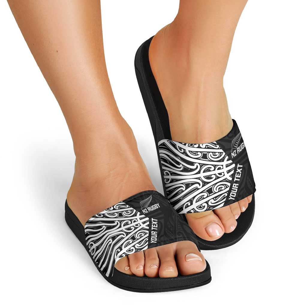 New Zealand Silver Fern Rugby Custom Slide Sandals Maori Koru Go Black Fern LT14 - Polynesian Pride