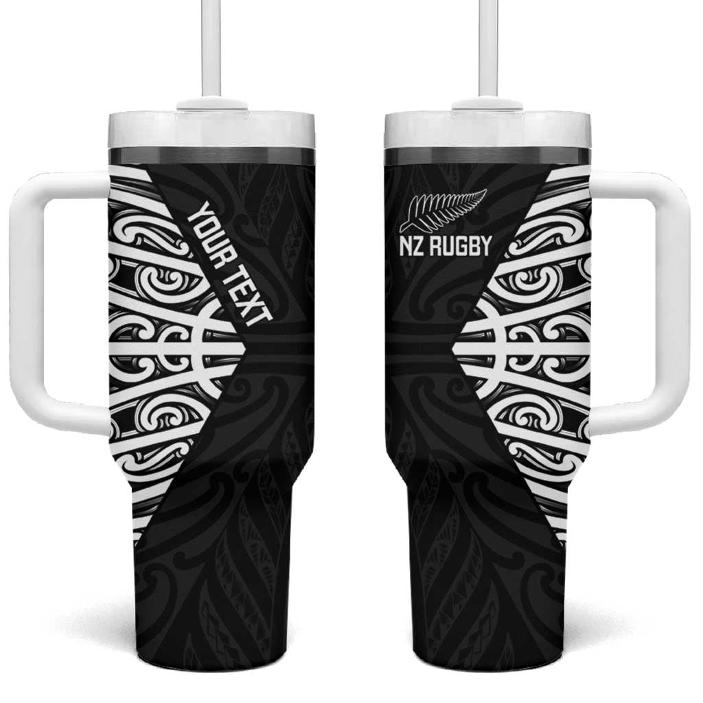 New Zealand Silver Fern Rugby Custom Tumbler With Handle Maori Koru Go Black Fern - Polynesian Pride
