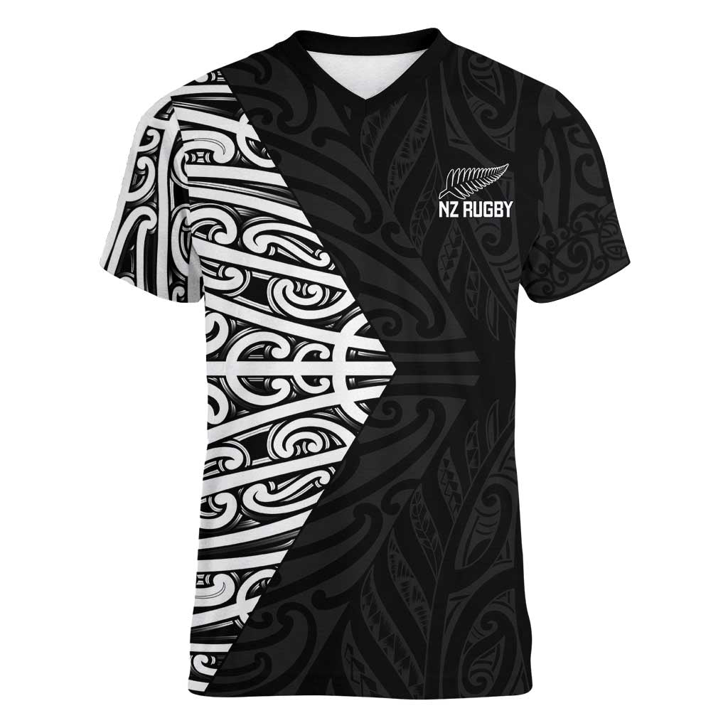 New Zealand Silver Fern Rugby Custom Women V-Neck T-Shirt Maori Koru Go Black Fern - Polynesian Pride