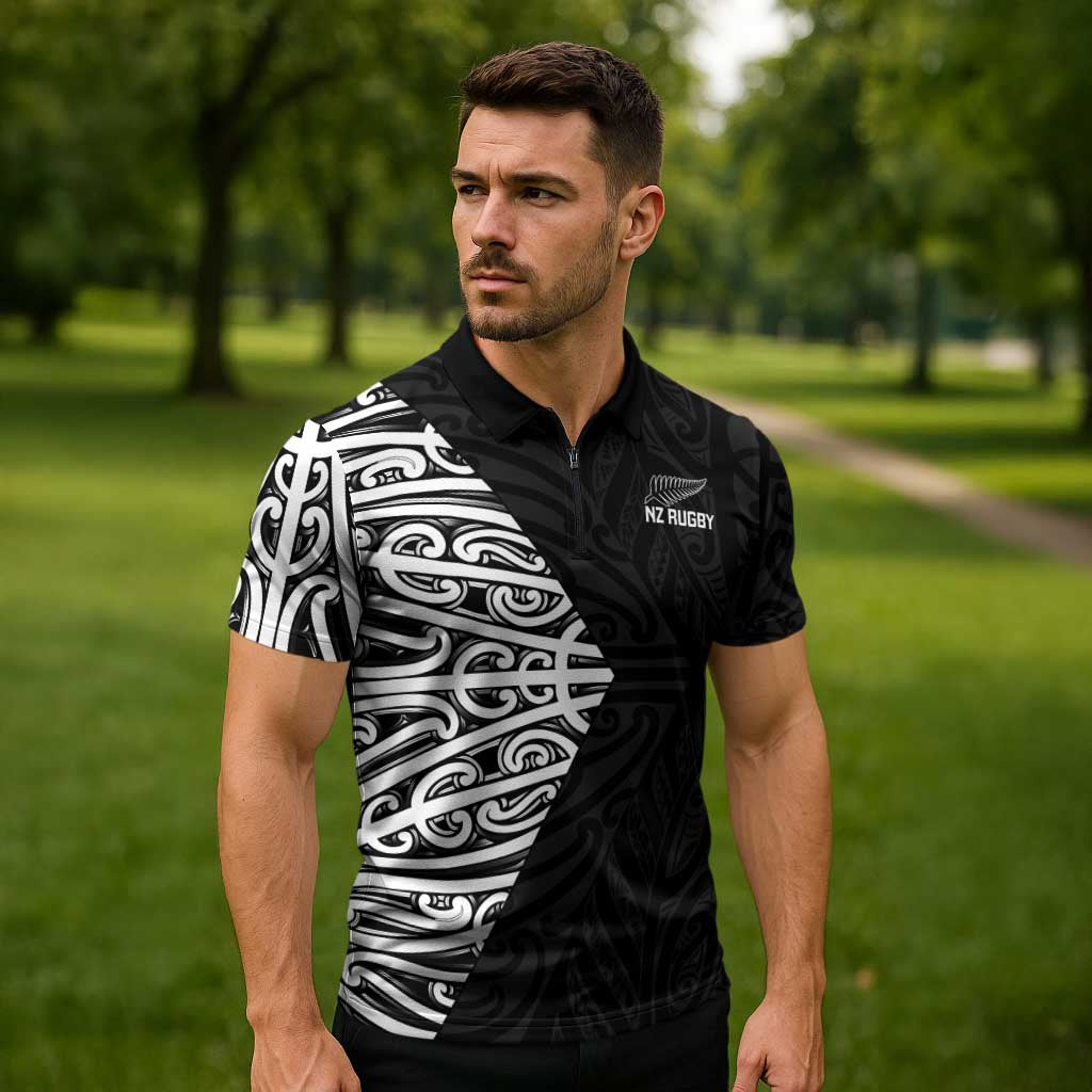 New Zealand Silver Fern Rugby Custom Zipper Polo Shirt Maori Koru Go Black Fern - Polynesian Pride