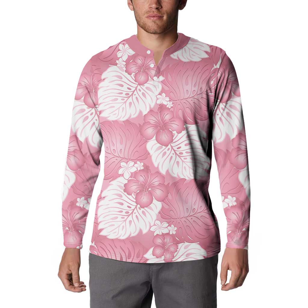 Pink Aloha Hawaii Button Sweatshirt Monstera Hibiscus Plumeria Seamless Vibes - Polynesian Pride