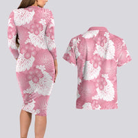 Pink Aloha Hawaii Couples Matching Long Sleeve Bodycon Dress and Hawaiian Shirt Monstera Hibiscus Plumeria Seamless Vibes - Polynesian Pride