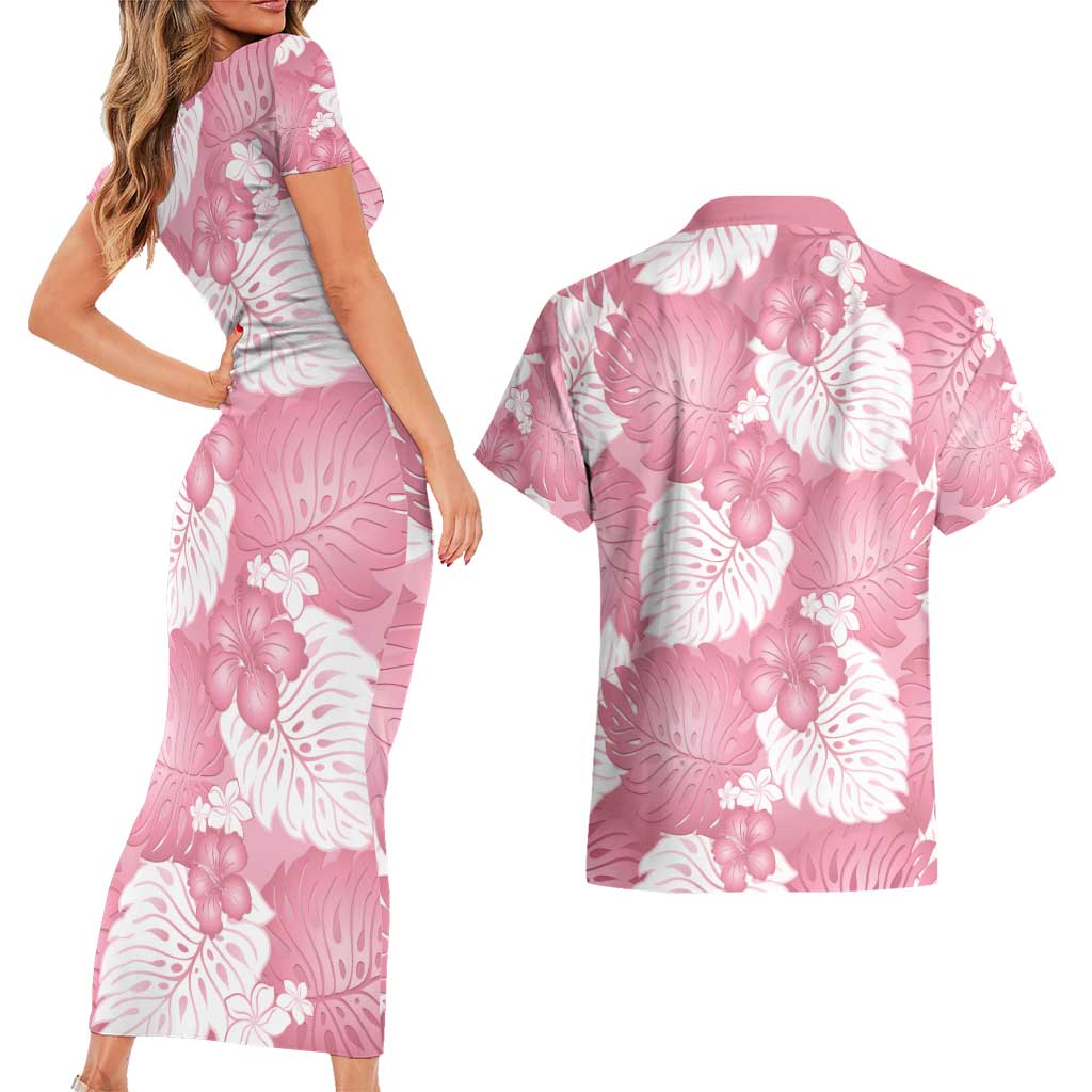 Pink Aloha Hawaii Couples Matching Short Sleeve Bodycon Dress and Hawaiian Shirt Monstera Hibiscus Plumeria Seamless Vibes - Polynesian Pride