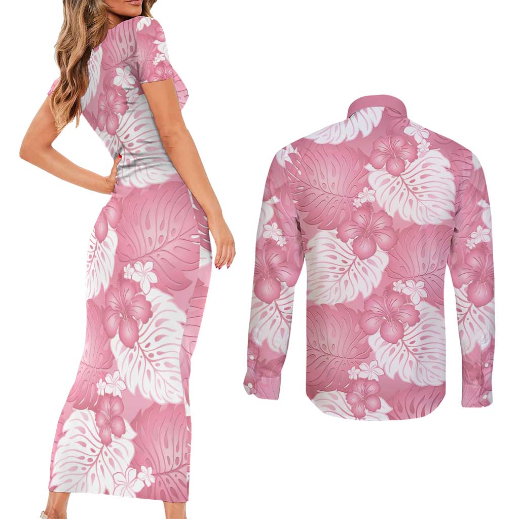 Pink Aloha Hawaii Couples Matching Short Sleeve Bodycon Dress and Long Sleeve Button Shirt Monstera Hibiscus Plumeria Seamless Vibes - Polynesian Pride