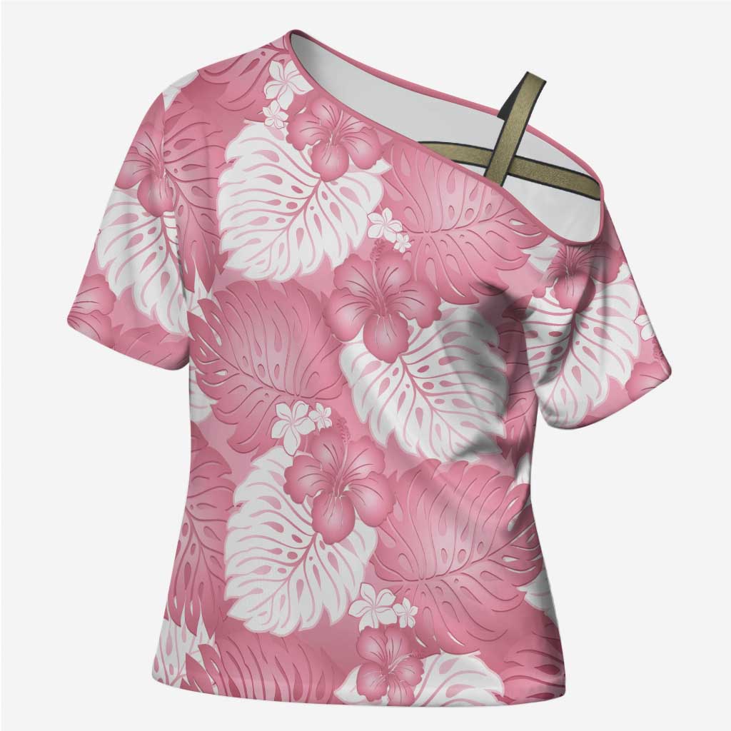 Pink Aloha Hawaii Cross Shoulder Shirt Monstera Hibiscus Plumeria Seamless Vibes - Polynesian Pride