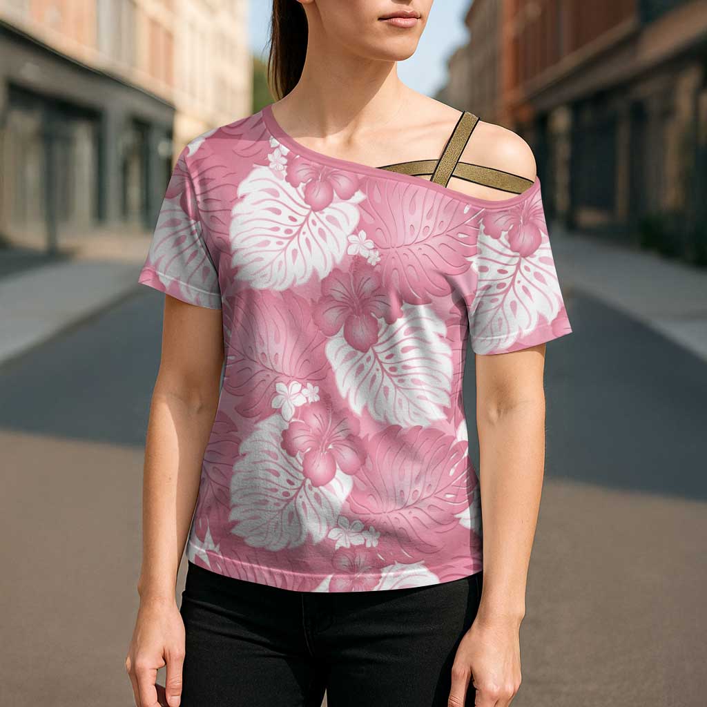 Pink Aloha Hawaii Cross Shoulder Shirt Monstera Hibiscus Plumeria Seamless Vibes - Polynesian Pride