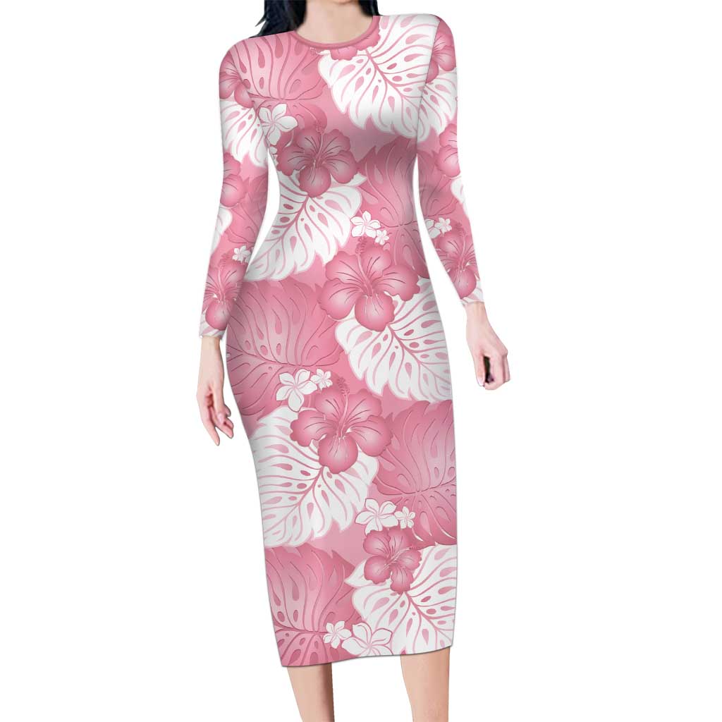Pink Aloha Hawaii Family Matching Long Sleeve Bodycon Dress and Hawaiian Shirt Monstera Hibiscus Plumeria Seamless Vibes - Polynesian Pride