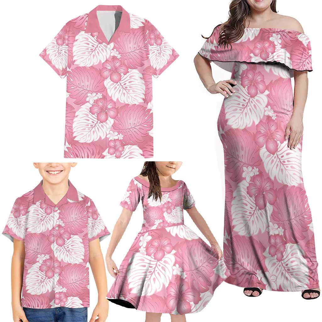 Pink Aloha Hawaii Family Matching Off Shoulder Maxi Dress and Hawaiian Shirt Monstera Hibiscus Plumeria Seamless Vibes - Polynesian Pride