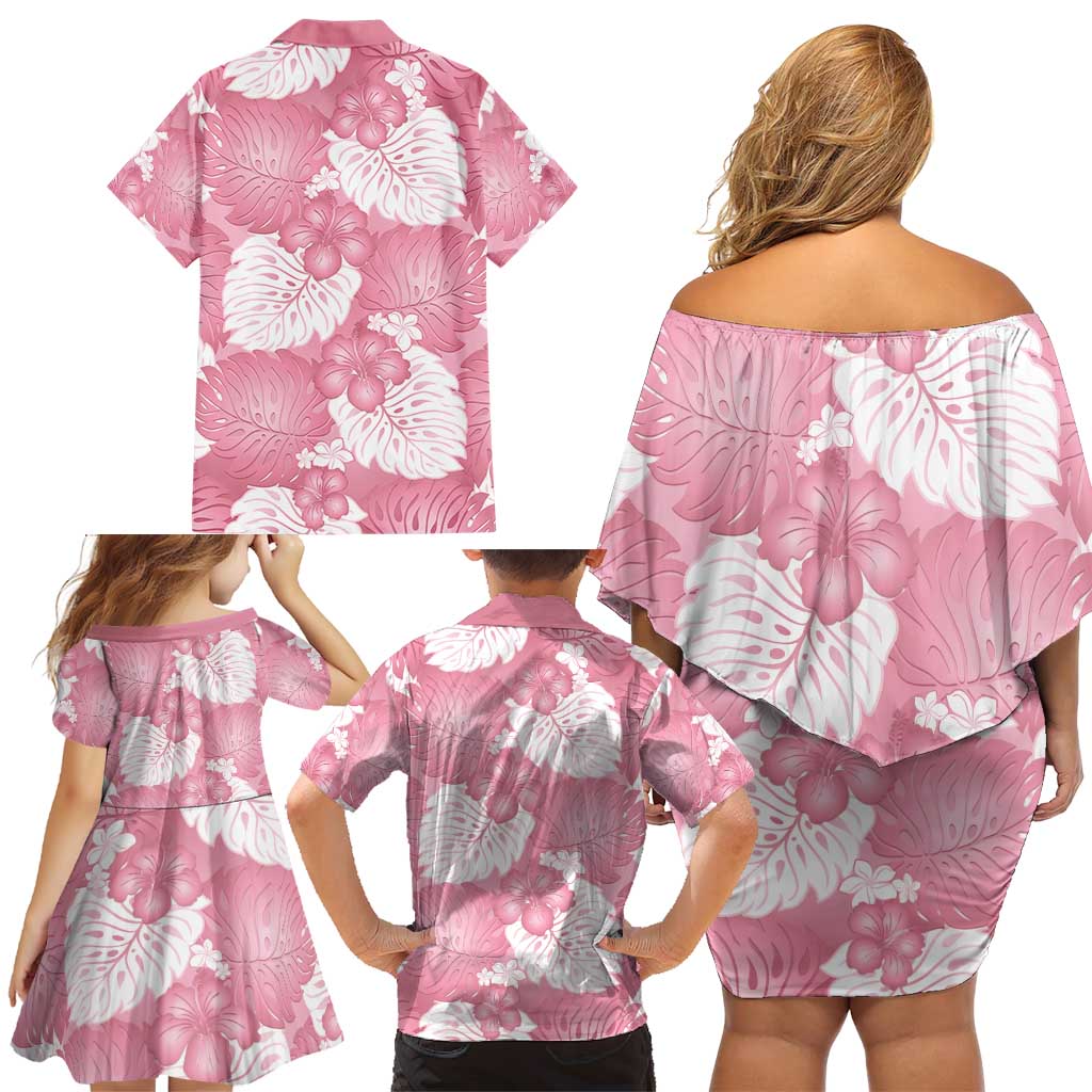 Pink Aloha Hawaii Family Matching Off Shoulder Short Dress and Hawaiian Shirt Monstera Hibiscus Plumeria Seamless Vibes - Polynesian Pride