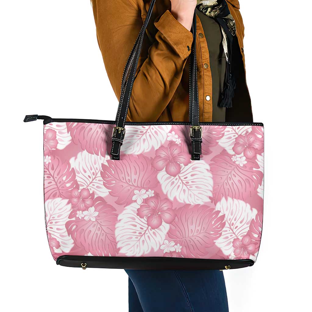 Pink Aloha Hawaii Leather Tote Bag Monstera Hibiscus Plumeria Seamless Vibes - Polynesian Pride