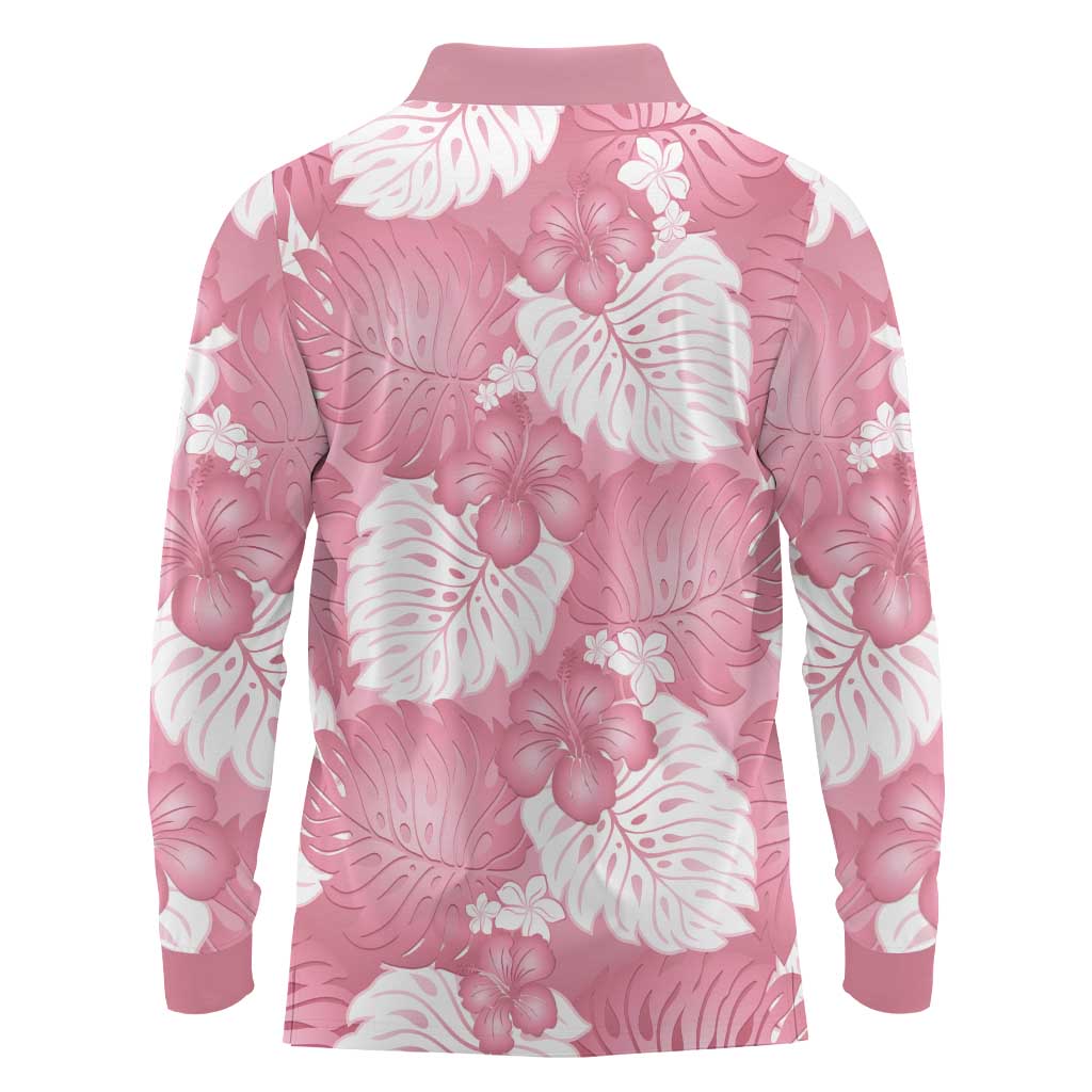 Pink Aloha Hawaii Long Sleeve Polo Shirt Monstera Hibiscus Plumeria Seamless Vibes - Polynesian Pride