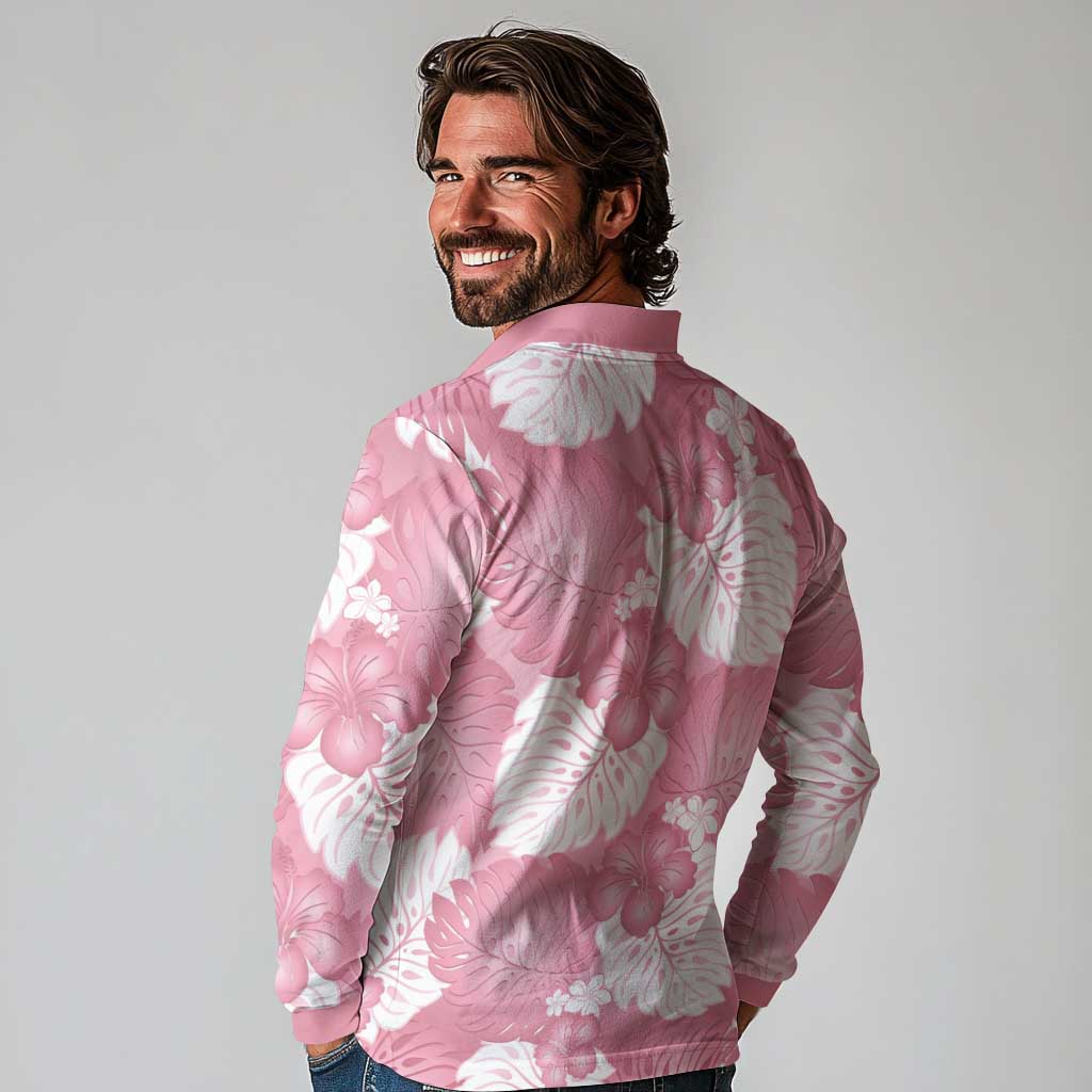 Pink Aloha Hawaii Long Sleeve Polo Shirt Monstera Hibiscus Plumeria Seamless Vibes - Polynesian Pride