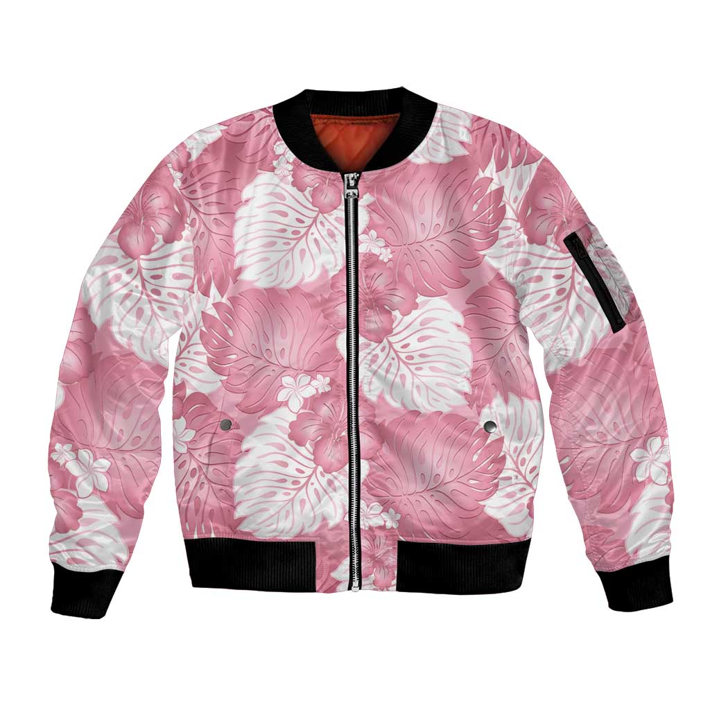Pink Aloha Hawaii Sleeve Zip Bomber Jacket Monstera Hibiscus Plumeria Seamless Vibes - Polynesian Pride