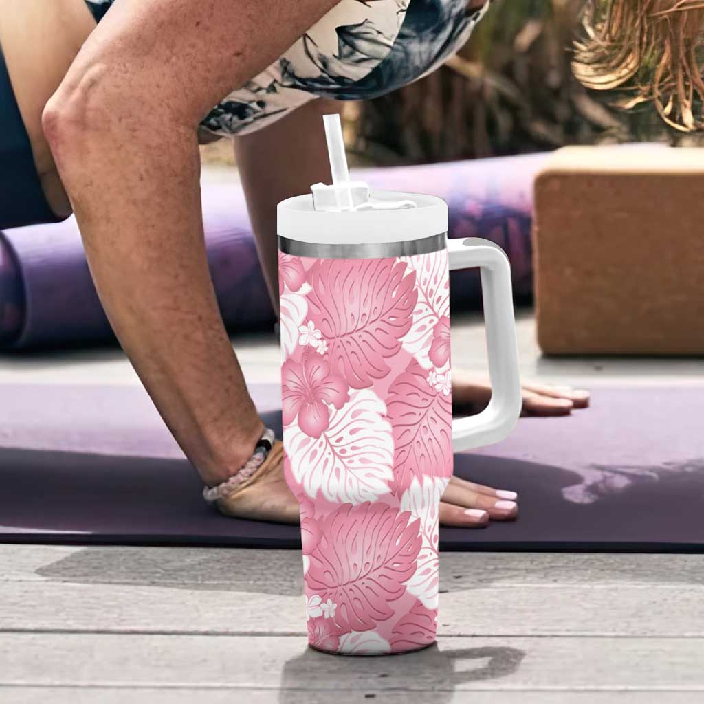 Pink Aloha Hawaii Tumbler With Handle Monstera Hibiscus Plumeria Seamless Vibes - Polynesian Pride