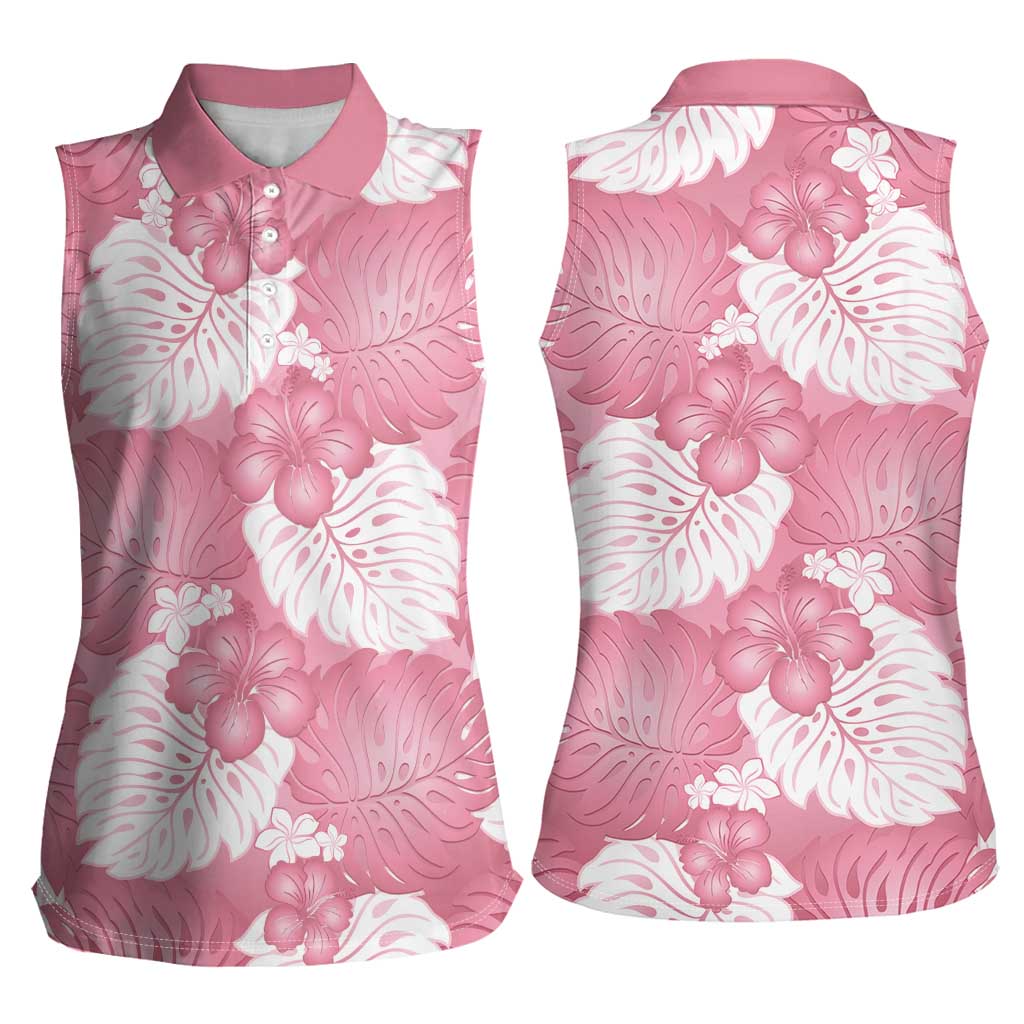 Pink Aloha Hawaii Women Sleeveless Polo Shirt Monstera Hibiscus Plumeria Seamless Vibes - Polynesian Pride