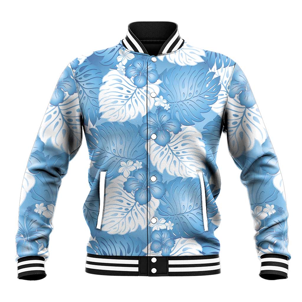 Blue Aloha Hawaii Baseball Jacket Monstera Hibiscus Plumeria Seamless Vibes - Polynesian Pride