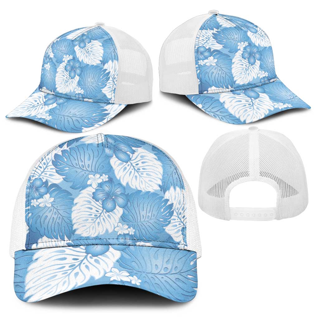 Blue Aloha Hawaii Baseball Net Cap Monstera Hibiscus Plumeria Seamless Vibes - Polynesian Pride