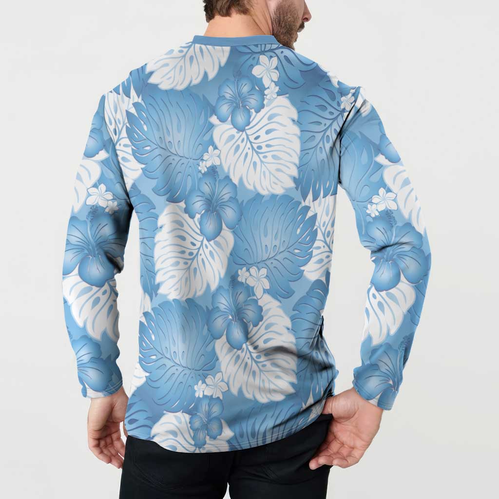 Blue Aloha Hawaii Button Sweatshirt Monstera Hibiscus Plumeria Seamless Vibes - Polynesian Pride