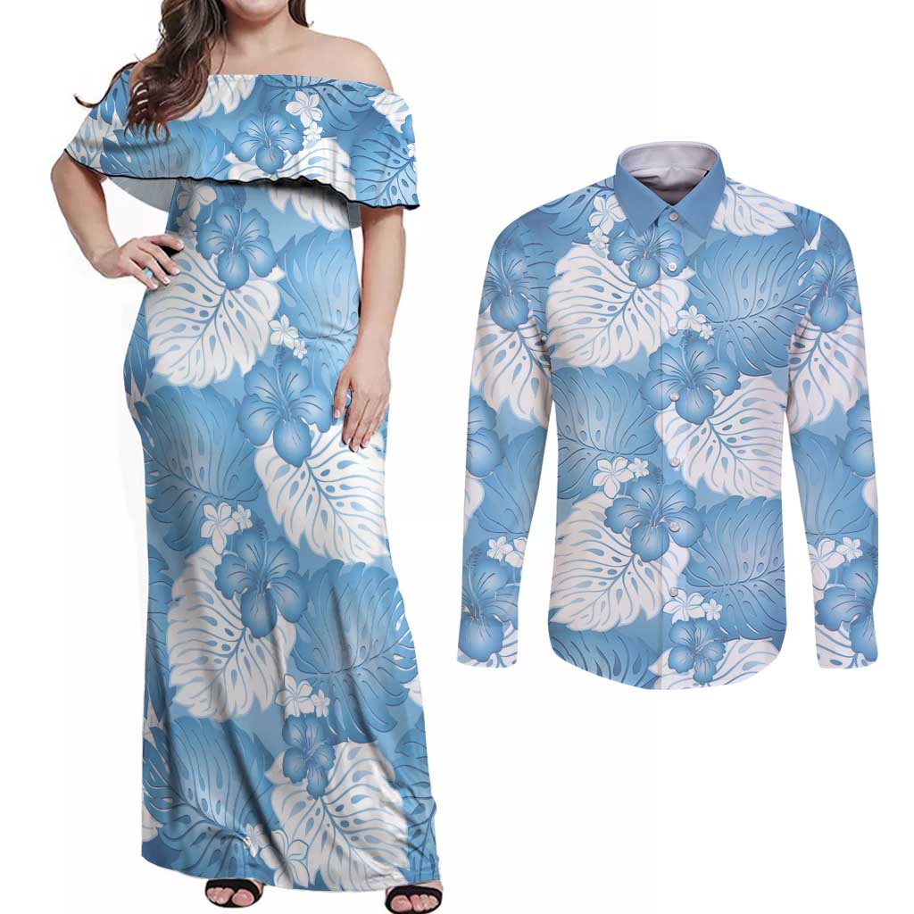 Blue Aloha Hawaii Couples Matching Off Shoulder Maxi Dress and Long Sleeve Button Shirt Monstera Hibiscus Plumeria Seamless Vibes - Polynesian Pride