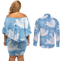 Blue Aloha Hawaii Couples Matching Off Shoulder Short Dress and Long Sleeve Button Shirt Monstera Hibiscus Plumeria Seamless Vibes - Polynesian Pride