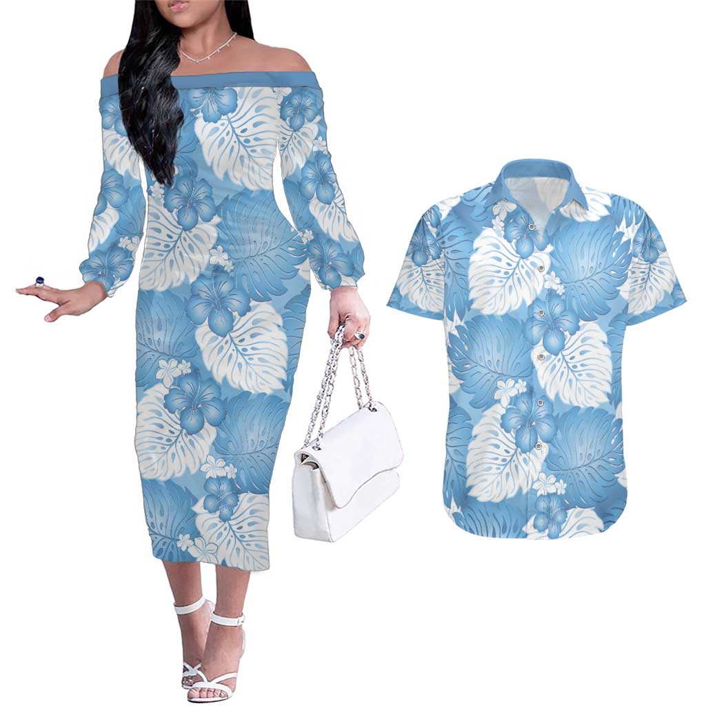 Blue Aloha Hawaii Couples Matching Off The Shoulder Long Sleeve Dress and Hawaiian Shirt Monstera Hibiscus Plumeria Seamless Vibes - Polynesian Pride