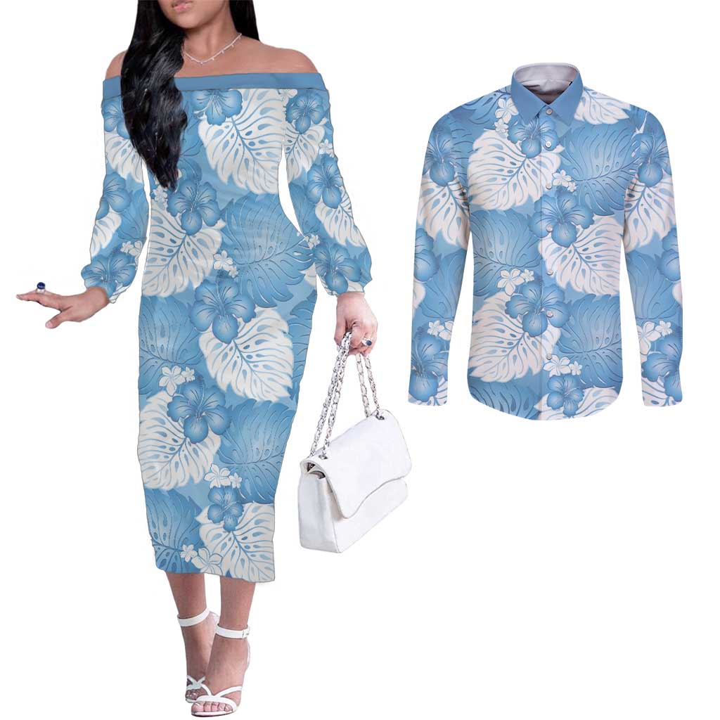 Blue Aloha Hawaii Couples Matching Off The Shoulder Long Sleeve Dress and Long Sleeve Button Shirt Monstera Hibiscus Plumeria Seamless Vibes - Polynesian Pride