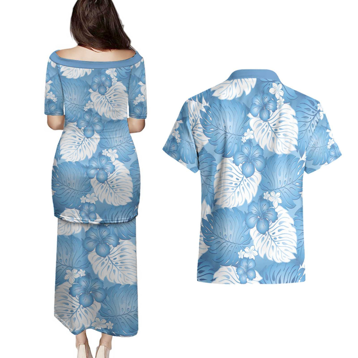 Blue Aloha Hawaii Couples Matching Puletasi and Hawaiian Shirt Monstera Hibiscus Plumeria Seamless Vibes - Polynesian Pride
