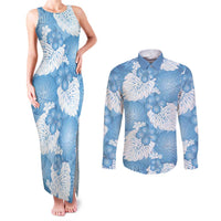 Blue Aloha Hawaii Couples Matching Tank Maxi Dress and Long Sleeve Button Shirt Monstera Hibiscus Plumeria Seamless Vibes - Polynesian Pride