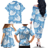 Blue Aloha Hawaii Family Matching Off The Shoulder Long Sleeve Dress and Hawaiian Shirt Monstera Hibiscus Plumeria Seamless Vibes - Polynesian Pride