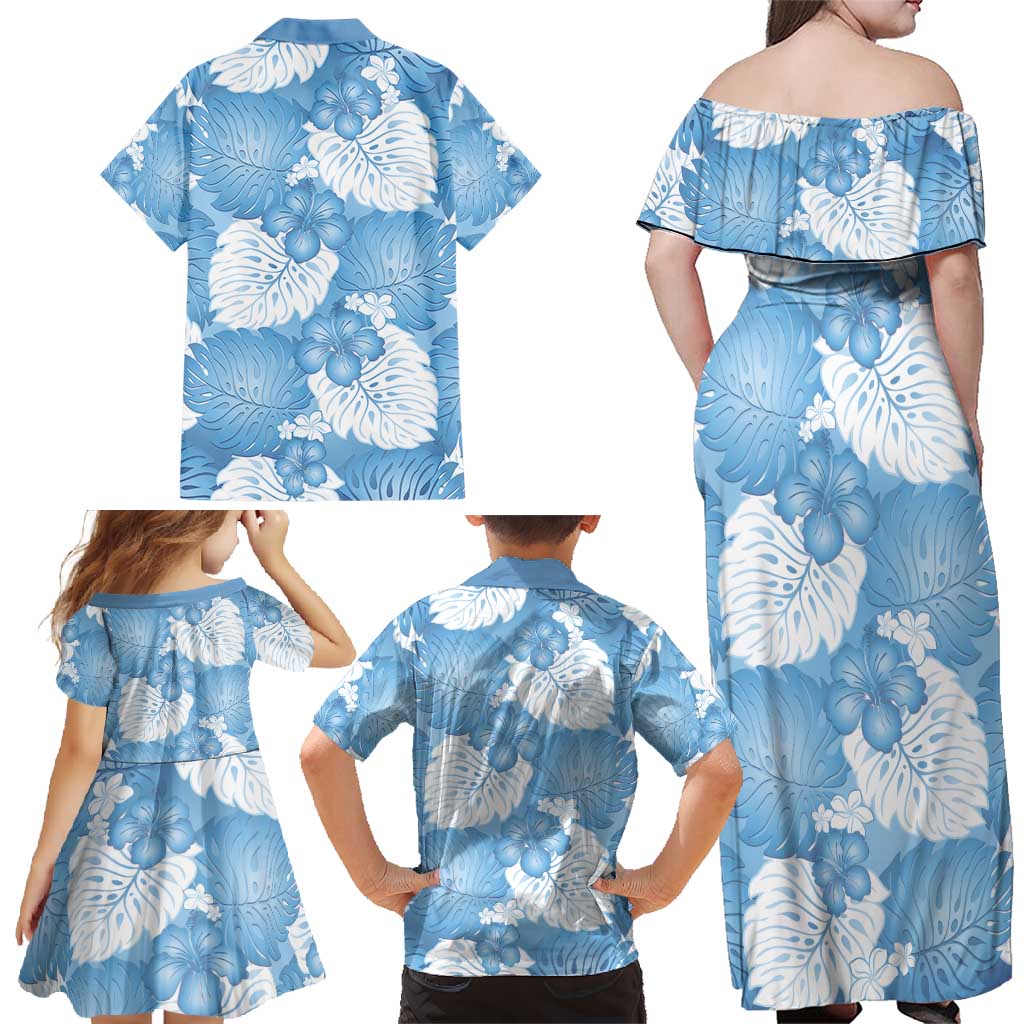 Blue Aloha Hawaii Family Matching Off Shoulder Maxi Dress and Hawaiian Shirt Monstera Hibiscus Plumeria Seamless Vibes - Polynesian Pride
