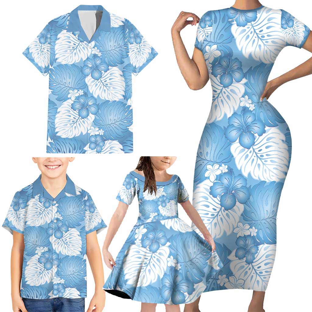 Blue Aloha Hawaii Family Matching Short Sleeve Bodycon Dress and Hawaiian Shirt Monstera Hibiscus Plumeria Seamless Vibes - Polynesian Pride