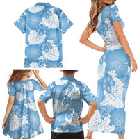 Blue Aloha Hawaii Family Matching Short Sleeve Bodycon Dress and Hawaiian Shirt Monstera Hibiscus Plumeria Seamless Vibes - Polynesian Pride