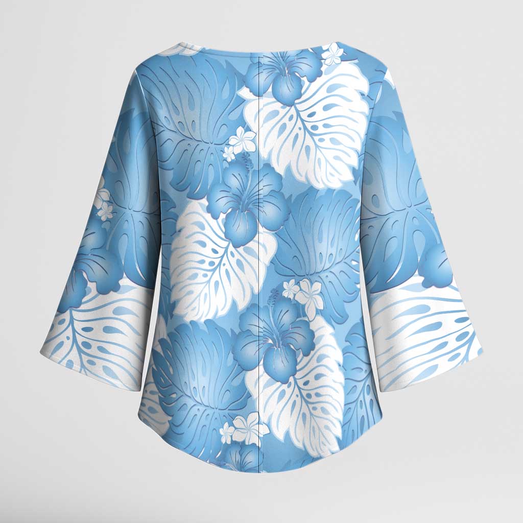 Blue Aloha Hawaii Kimono Sleeve Blouse Monstera Hibiscus Plumeria Seamless Vibes - Polynesian Pride