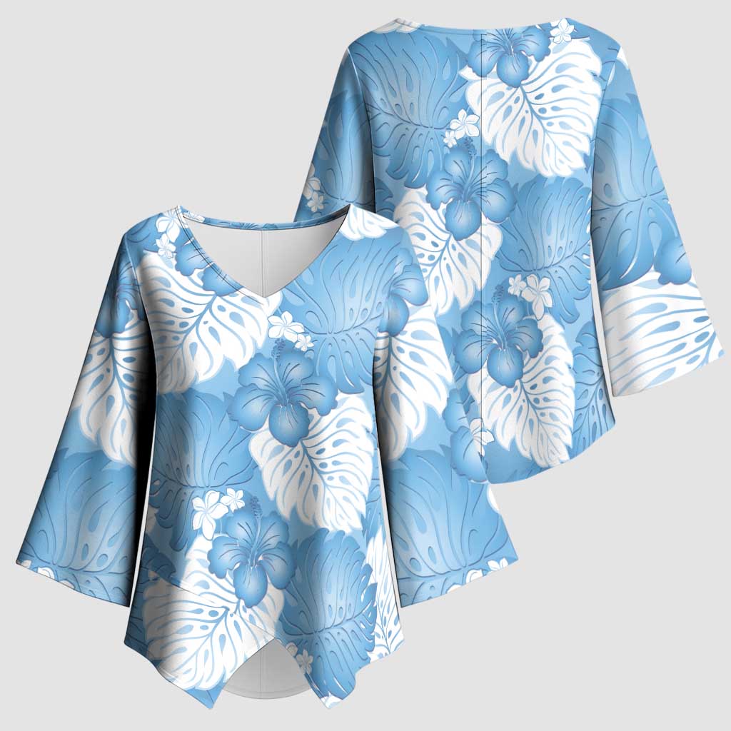 Blue Aloha Hawaii Kimono Sleeve Blouse Monstera Hibiscus Plumeria Seamless Vibes - Polynesian Pride